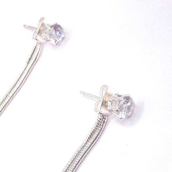 Sterling Silver plated long chain CZ stud earrings - Picture 2 of 3